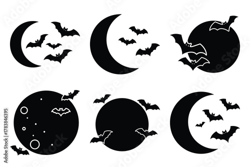 moon and bats icon set silhouette on white background
