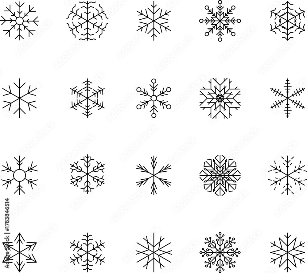 Obraz premium Snowflake snow freeze winter thin line outline icon. Snowflake icon. Keep frozen. Snowflake marking. Keep below zero. Air conditioner. Snowflakes thin line icon set. Snowflake Simple illustration.