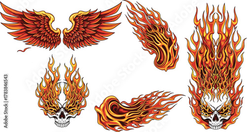 Flame vector set, fire wings, flaming skulls, fireball trail, fantasy tattoo elements, red orange yellow illustration, stock graphic, themed artwork