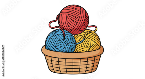 Three Colorful Balls of Yarn in a Woven Basket.