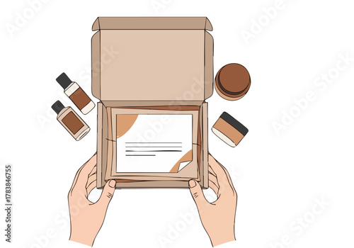 Hands hold a custom care box with products. Warm tones and a personalized label create a welcoming, premium feel. Ideal for beauty, wellness, or subscription box marketing.