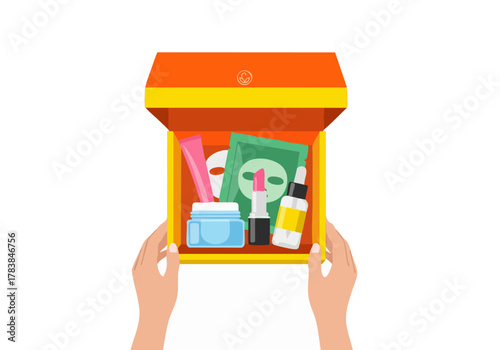 Hands open vibrant GlowBox skincare subscription box showcasing beauty products Bright colors and a modern design create an appealing unboxing experience Perfect for beauty marketing visuals