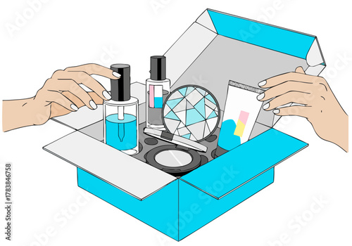 Hands open a vibrant tech unboxing box revealing beauty products. Clean, modern illustration showcasing a luxurious beauty subscription. Bright colors and detailed textures.