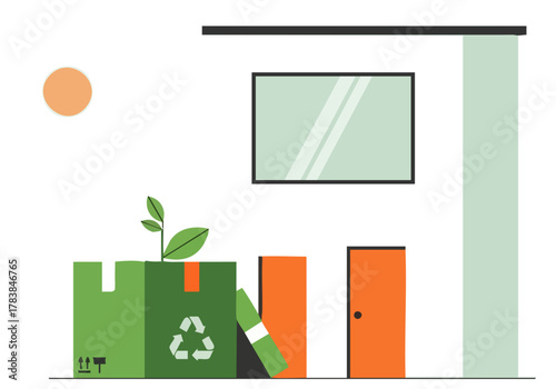 A modern illustration depicts sustainable living with a recycling box growing a plant near a building. Clean lines and eco-friendly design promote a smart, green lifestyle.