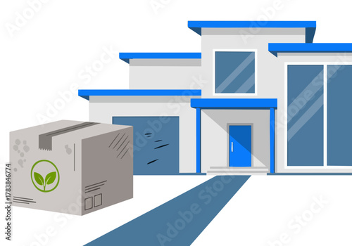 A modern house receives a delivery box with an eco-friendly leaf logo. Clean, bright illustration with a tech and eco-open theme.