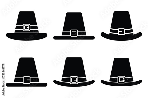 pilgrim hat icon set silhouette on white background