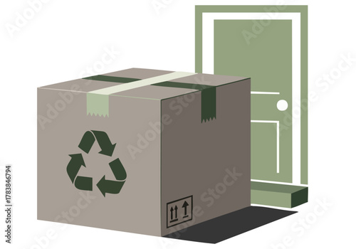 A stylized cardboard box with a 'Green Pack Ease' label sits before a doorway. The design emphasizes sustainability and delivery convenience. Clean, modern illustration.