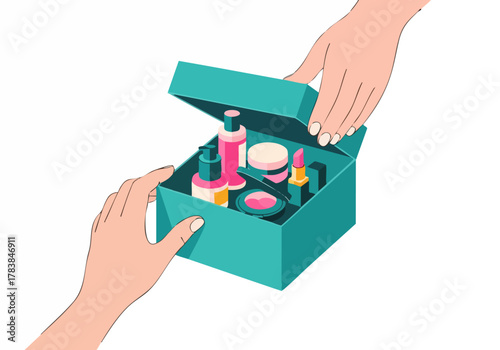 Two hands open a teal beauty box revealing cosmetics. Clean, modern illustration. Ideal for beauty product promotion and e-commerce visuals.