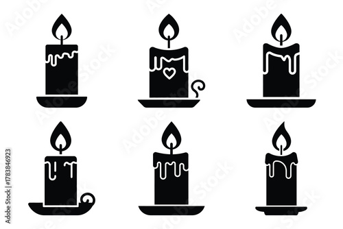 romantic candle icon set silhouette on white background