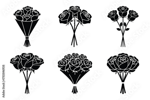 rose bouquet icon set silhouette on white background