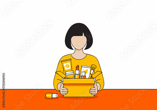 A woman holds an unboxing box filled with beauty products. Bright, cheerful illustration style. Ideal for lifestyle, beauty, and subscription box marketing.