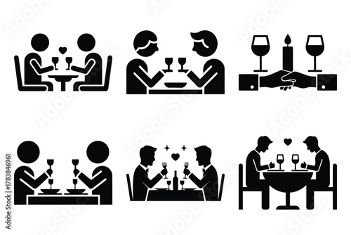 romantic dinner icon set silhouette on white background