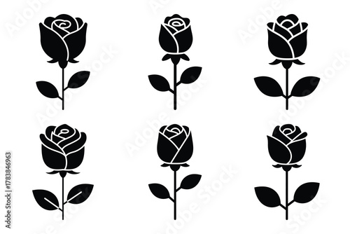 rose flower icon set silhouette on white background