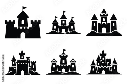 sand castle icon set silhouette on white background