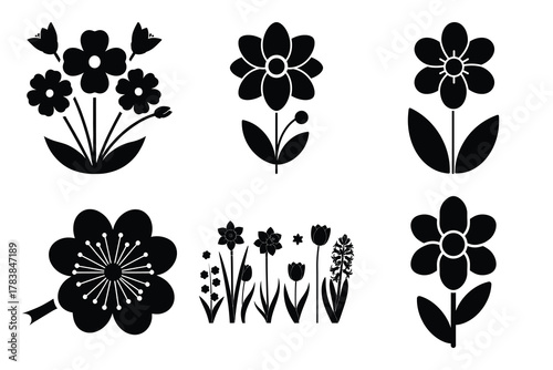 spring flower icon set silhouette on white background