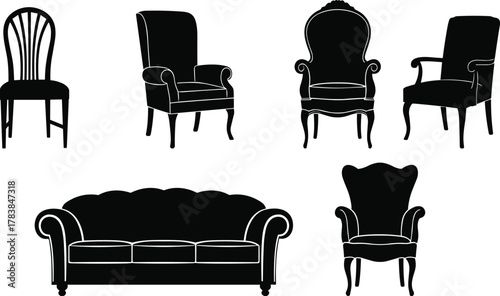 Classic furniture silhouettes including sofa, dining chair, wingback armchair, vintage seating, elegant interior design vector illustration, stylish home decor artwork