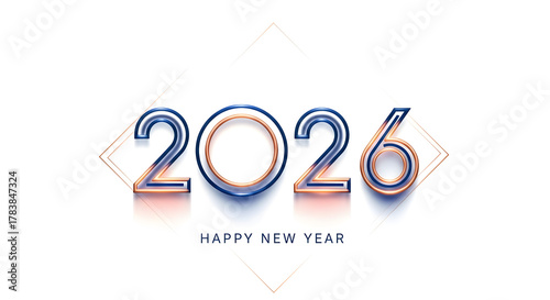 Happy new year 2026 text with blue and copper metallic effect