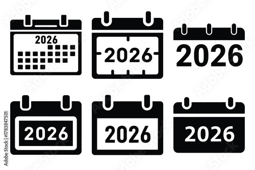 2026 calendar icon set silhouette on white background
