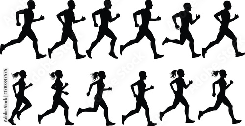 Running silhouette sequence of male and female athletes in motion, jogging and fitness training vector illustration for sports, marathon, workout, health and exercise design