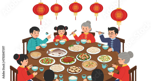 A family is gathered around a table for a Chinese New Year feast, with lanterns hanging above.