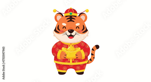 A cartoon tiger wearing traditional Chinese clothing and holding a golden sycee ingot, symbolizing wealth and prosperity.