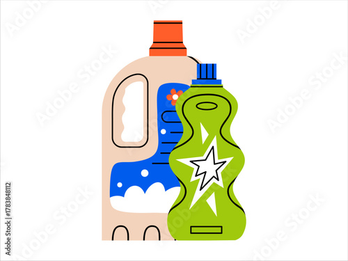 Hand drawn cute illustration two liquid cleaner container. Flat vector household detergents doodle. Washing gel or liquid soap. Hygiene housework. Isolated.