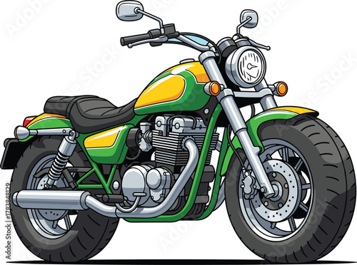 Green and yellow motorcycle vector, colorful bike illustration, detailed engine and tires, transport design, mechanical graphic, stock artwork, side view