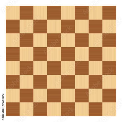 Wooden chessboard, 8x8 game board, for playing chess, checkers, or other strategic board games. Standard form, checkerboard pattern, consisting of 64 square shaped fields arranged in rows and columns.