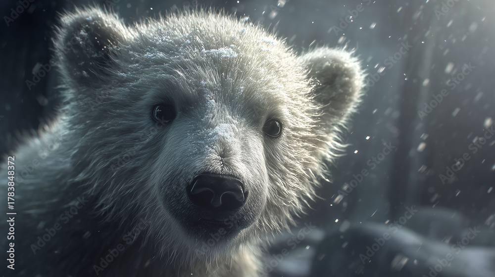 Fototapeta premium A young polar bear gazes curiously at the viewer against a snowy backdrop. Its fluffy fur is dusted with snowflakes, enhancing endearing features. Centers on: bear, snow, curiosity.