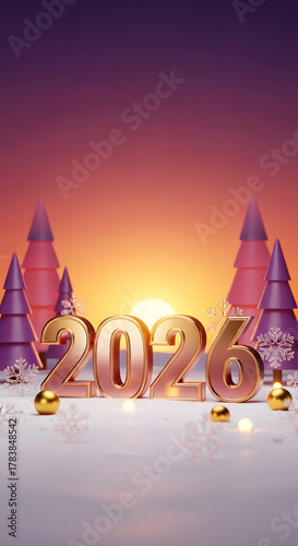 Vertical happy new year 2026 with rose gold and purple trees