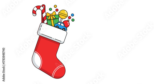 Festive Red Christmas Stocking Filled With Gifts and Candy Vector Illustration