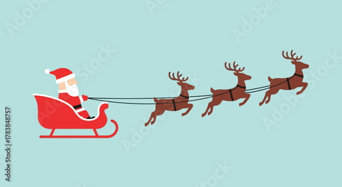 Santa Claus Flying in Sleigh Pulled by Reindeer for Christmas Delivery