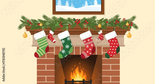 Cozy Christmas Fireplace with Festive Stockings Hanging by the Warm Fire Winter Holiday Season