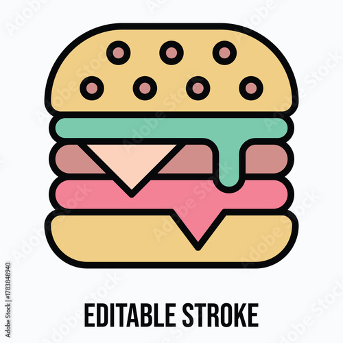 Tasty Cheeseburger with Meat Patty, Lettuce, and Sauce Layers Isolated Vector Lineal Colour Style Icon Editable Stroke.