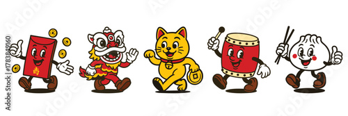 Chinese New Year vintage mascots – lucky red envelope, lion dance, maneki neko cat, drum, and dumpling characters