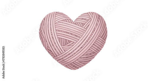 A heart shaped ball of pink and white striped wool yarn.
