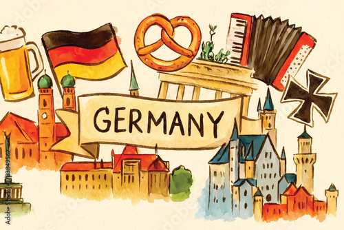 Watercolor illustration of german landmarks and cultural symbols including a flag pretzel beer accordion and castles for travel and tourism