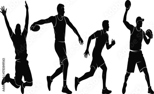 American football players silhouette, quarterback throwing ball, athlete running pose, touchdown celebration, sports action vector, dynamic movement, competition artwork, athletic game illustration