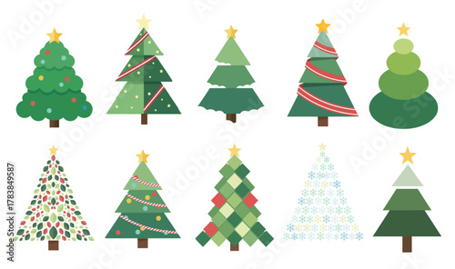 Creative Christmas Tree Vector Set – Modern Flat Holiday Tree Illustration Collection, for posters, invitations, stickers, and festive related graphics.