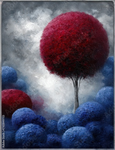 Vibrant red tree stands tall amidst blue orbs in a misty landscape filled with artistic imagination