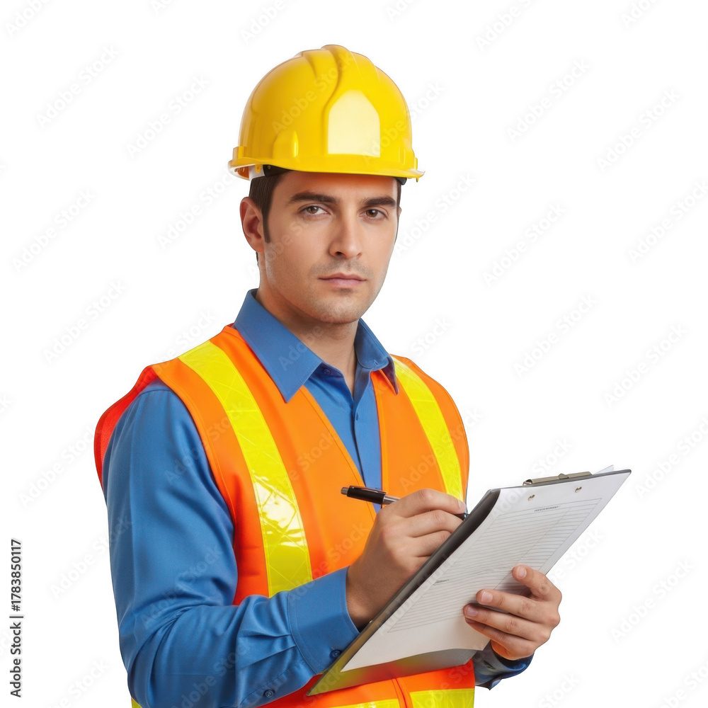 Fototapeta premium Serious male construction worker wearing yellow hard hat and orange safety vest holding clipboard and pen isolated on transparent background
