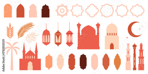 Symbols and design elements of Arabic culture. Set of Islamic icons in oriental style. Mosques, minarets, windows, arches, lanterns, windows. Collection of elements for Ramadan Kareem and Eid Mubarak
