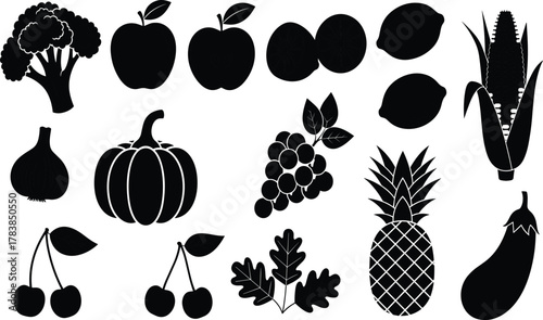 Fruit and vegetable silhouettes collection, healthy food vector illustration, black botanical outlines, organic diet design, nutrition theme artwork, decorative stock graphic