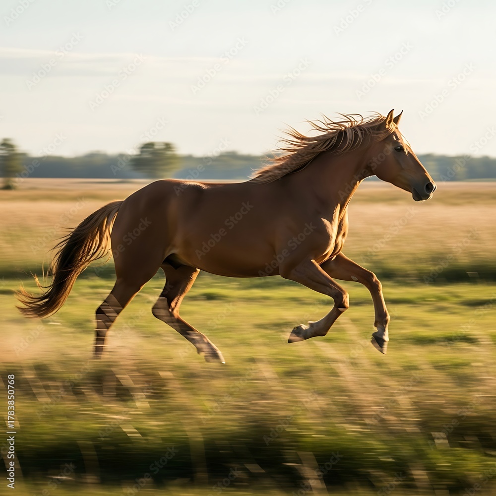 Fototapeta premium Galloping Chestnut Horse Running Freely in Meadow with Golden Sunset Light Dynamic Movement Graceful Equine Radiance Nature's Beauty Summer Meadow Freedom Expressive Animal