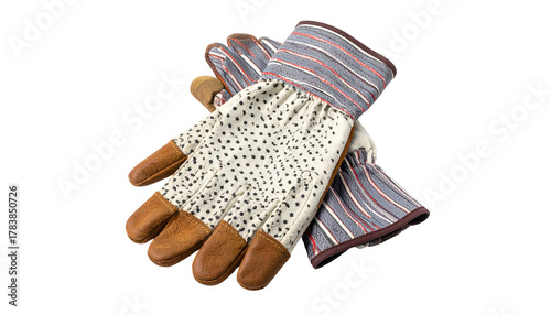 A pair of gardening gloves with leather palms, patterned fabric, and striped cuffs