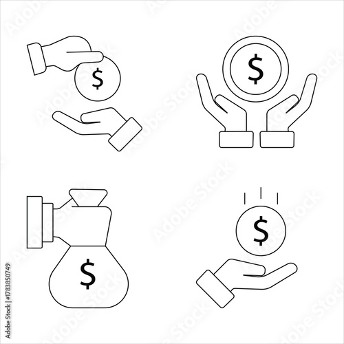 Hand holding dollar coin and money bag icons finance