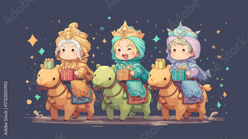 Adorable chibi-style Three Wise Men riding camels with gifts, festive Epiphany vector illustration perfect for Christmas cards, religious education, and joyful holiday presentations