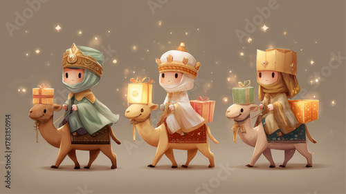 Adorable chibi-style Three Wise Men riding camels with gifts, festive Epiphany vector illustration perfect for Christmas cards, religious education, and joyful holiday presentations