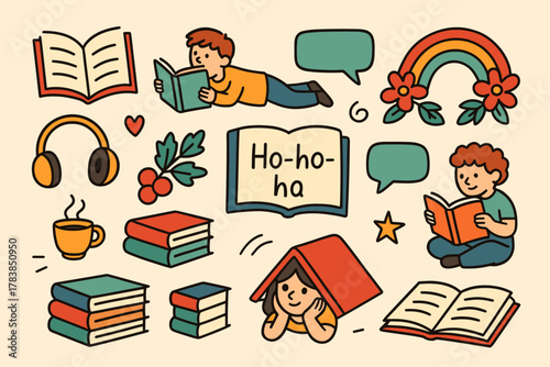 Charming Doodle Collection of Children Reading Books, Cozy Hobbies, and Learning Icons with Rainbow and Coffee. Generated image
