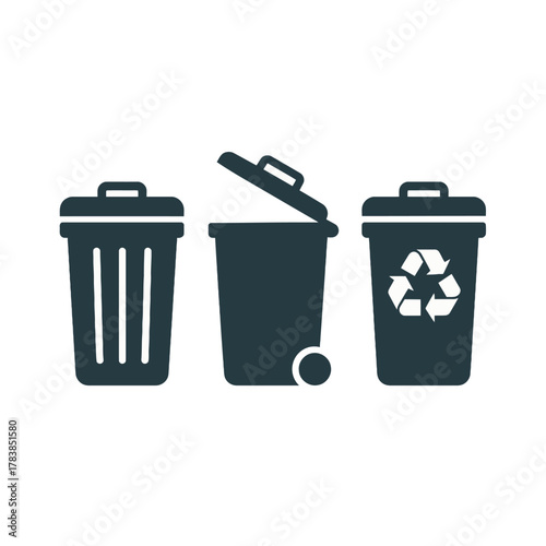A set of three dark grey trash can icons, including a standard bin, an open wheelie bin, and a recycling container.